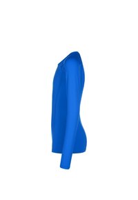 Blaues Langarmshirt aus glattem, leichtem Stoff. Es hat einen runden Ausschnitt und eine figurbetonte Passform, mit nahtloser Verarbeitung.