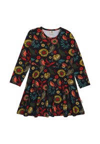 Langärmeliges Kleid mit Blumenmuster aus schwarzem Stoff, verziert mit lebendigen roten, gelben und grünen Blumen, mit ausgestelltem Rockdesign.