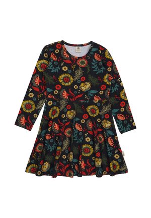 Langärmeliges Kleid mit Blumenmuster aus schwarzem Stoff, verziert mit lebendigen roten, gelben und grünen Blumen, mit ausgestelltem Rockdesign.