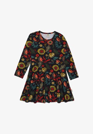 Langärmeliges Kleid mit Blumenmuster aus schwarzem Stoff, verziert mit lebendigen roten, gelben und grünen Blumen, mit ausgestelltem Rockdesign.