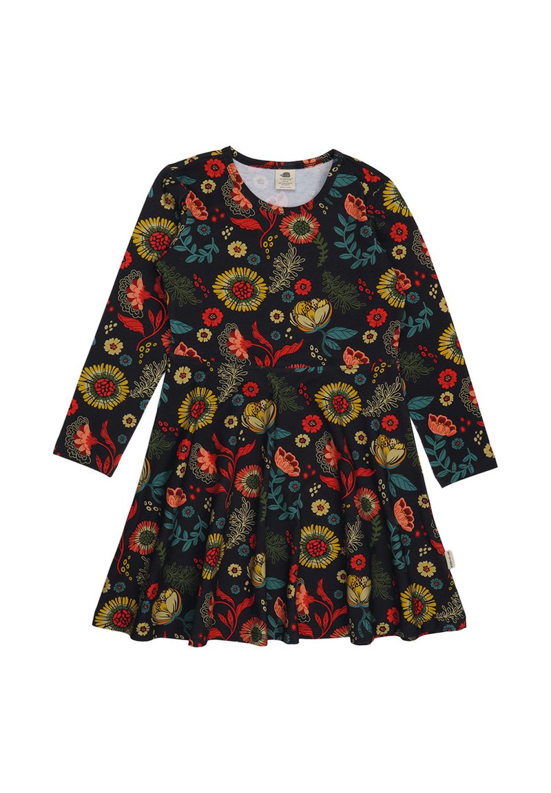 Langärmeliges Kleid mit Blumenmuster aus schwarzem Stoff, verziert mit lebendigen roten, gelben und grünen Blumen, mit ausgestelltem Rockdesign.