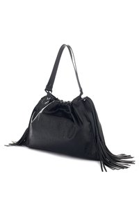 Borsa a mano in pelle nera con parte superiore arricciata, caratterizzata da motivi circolari in rilievo, una tracolla ampia e lunghe frange in pelle sui lati.
