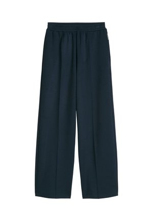 Pantalon large bleu marine avec taille élastique, coutures droites et coupe décontractée.
