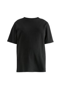 Schwarzes kurzärmliges T-Shirt aus Baumwolle, mit Rundhalsausschnitt und lockerem Schnitt, ohne Muster oder Verzierungen.