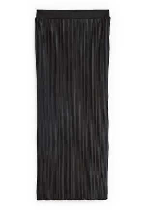 Jupe midi plissée noire avec une taille élastique, présentée à plat sur fond blanc.