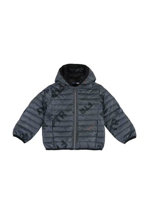Doudoune grise pour enfants avec capuche noire, fermeture éclair complète devant, poignets élastiques et motif texte imprimé en noir et bleu.
