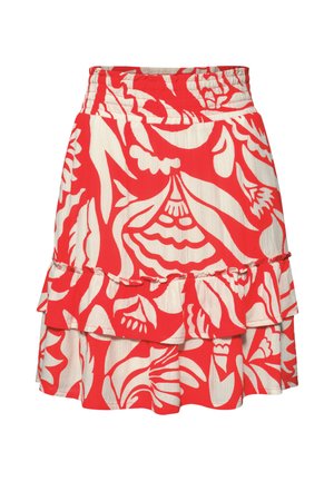 Falda con estampado floral en rojo y blanco, con volantes en capas y cintura elástica.