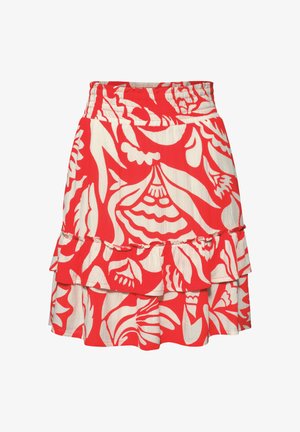 Red and white floral patterned skirt with layered ruffles and an elastic waistband.