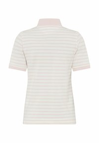 T-shirt med korte ærmer i lyserød og hvide striber. Blødt stof med ribbet krave og subtil tekstureret mønster over det hele.