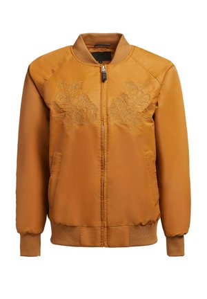 Orange Bomberjacke mit floralem Stickerei auf der Brust, Frontreißverschluss, gerippten Bündchen und strukturiertem Taillenbund. Glattes Material.