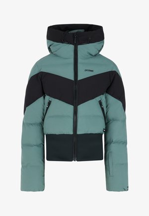 Giacca corta imbottita in teal e nero, con un design a chevron, chiusura con zip e tasche laterali, realizzata in tessuto isolante.