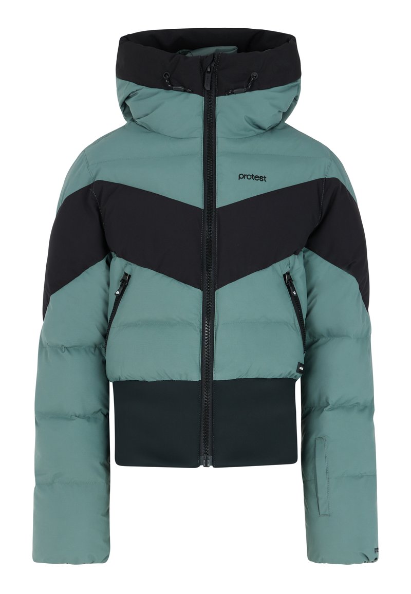 Chaqueta tipo puffa recortada en color verde azulado y negro, con un diseño en forma de chevrón, cierre por cremallera y bolsillos laterales, fabricada con tejido aislante.