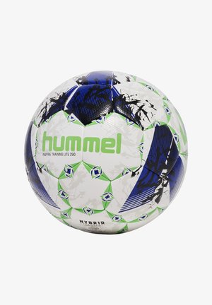 Hummel Inspire Training Lite 290 fotboll med vit yta och svarta, blå och gröna geometriska mönster samt texturerade detaljer.