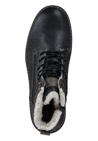 Black leather ankle boot with a textured finish, featuring a faux fur lining, round toe, and contrasting stitching. Lace-up design with metal eyelets.