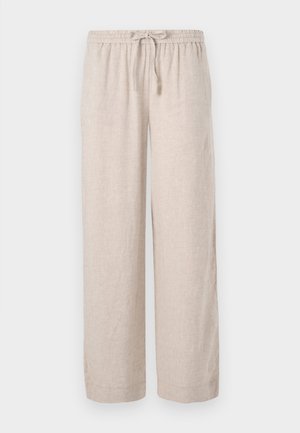 Light beige, wide-leg pants made of linen with an elastic waistband and a drawstring. Features a smooth texture and casual design.
