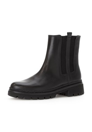 Black leather ankle boots with elastic side panels, rounded toe, textured sole, and sturdy block heel for enhanced traction.