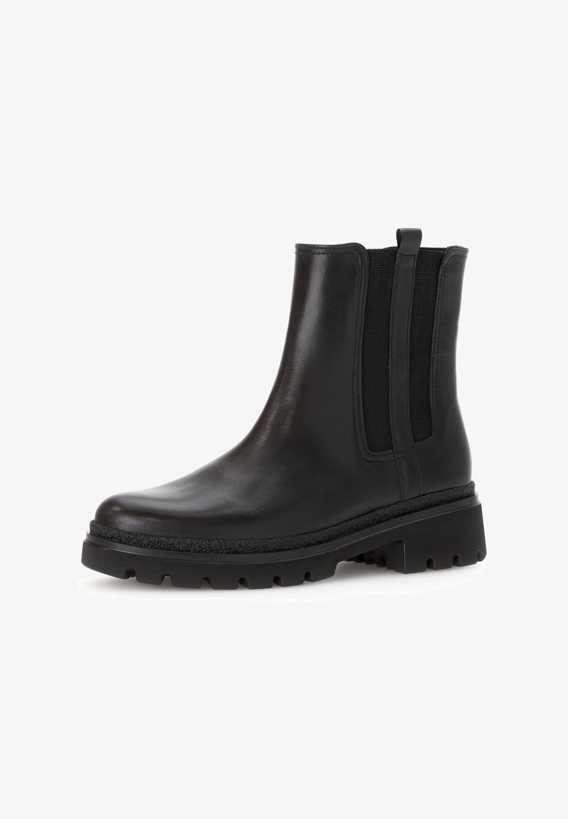Black leather ankle boots with elastic side panels, rounded toe, textured sole, and sturdy block heel for enhanced traction.