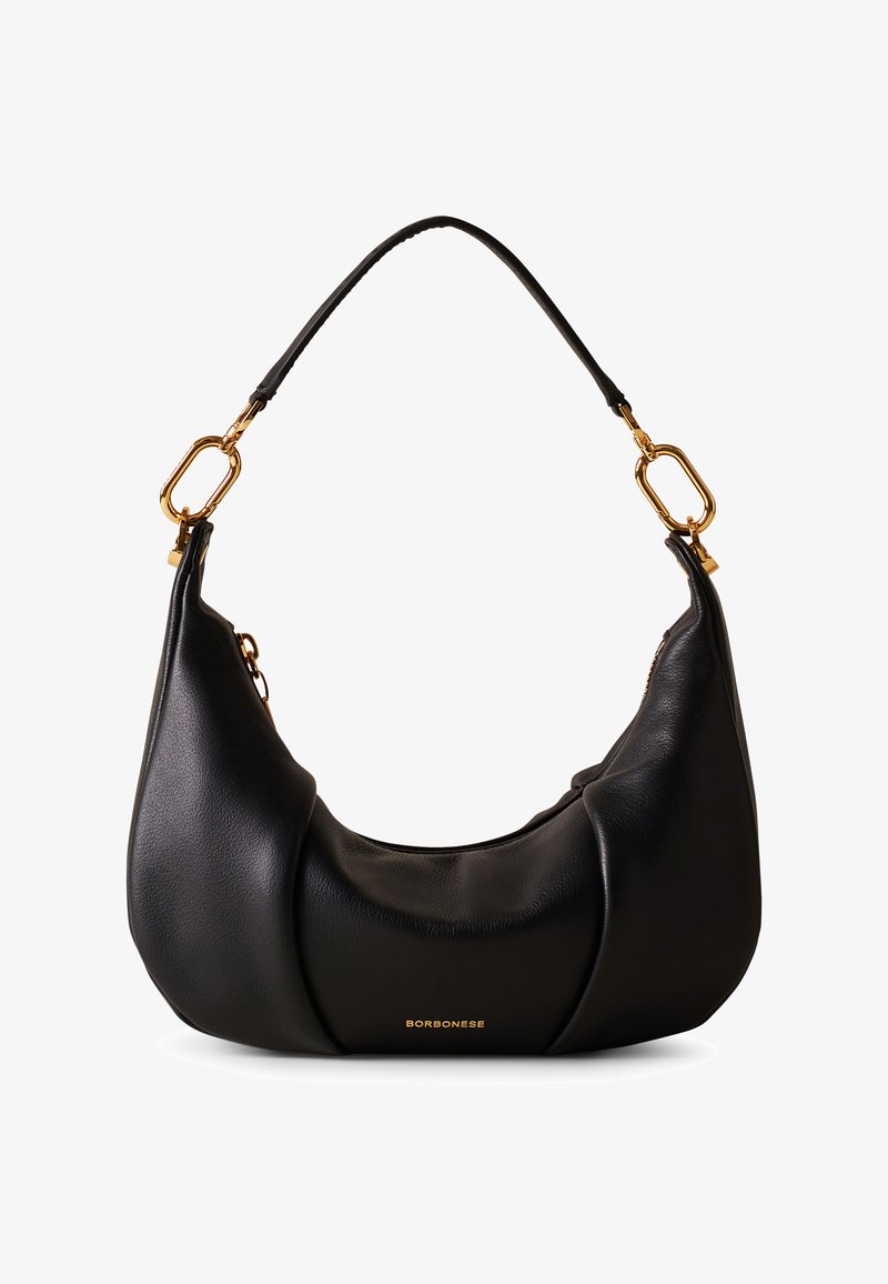 Black leather shoulder bag featuring a curved design, gold hardware accents, and a subtle logo embossed on the front. Smooth texture.