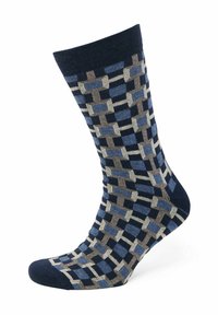 Marineblaue Socken mit einem Gittermuster in hellblauen, beigen und dunkelblauen Tönen; aus einem weichen, dehnbaren Stoff gefertigt, ideal für den täglichen Gebrauch.
