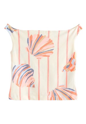 Crèmekleurige mouwloze top met koraalrode verticale strepen en grote abstracte schelpenpatronen in roze, blauw en oranje tinten.