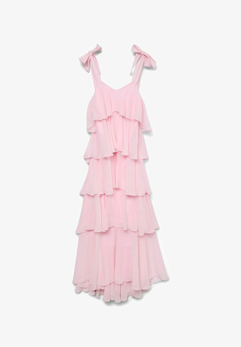 pink bow back dress Pink Strapless Embellished Gown With Back Bow Detail