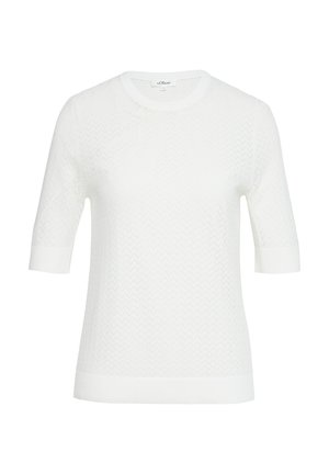 Weißer kurzärmeliger Pullover mit strukturiertem Zickzack-Muster, rundem Halsausschnitt und gerippten Bündchen sowie Saum. Leichter Strickstoff.