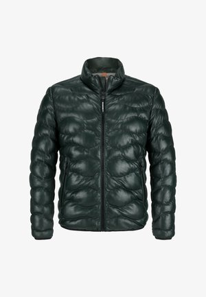 Dunkelgrüne gepolsterte Jacke mit gestepptem Design, weicher Lederoptik, hohem Kragen und Frontreißverschluss; verfügt über zwei seitliche Reißverschlusstaschen.