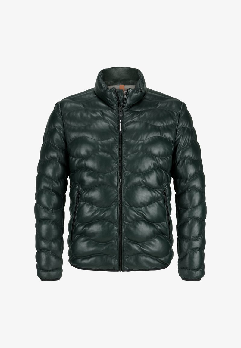 Dunkelgrüne gepolsterte Jacke mit gestepptem Design, weicher Lederoptik, hohem Kragen und Frontreißverschluss; verfügt über zwei seitliche Reißverschlusstaschen.