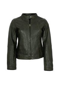 Dunkelgrüne Lederjacke mit hohem Kragen, vorderem Reißverschluss und taillierter Passform. Verfügt über lange Ärmel und sichtbare Nahtdetails.