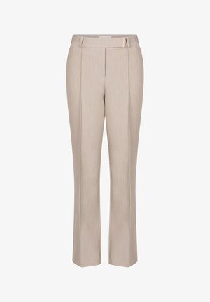 Beige maßgeschneiderte Hosen mit geradem Bein, ausgestattet mit einer glatten Textur, Faltendetails und einem minimalistischen Design.