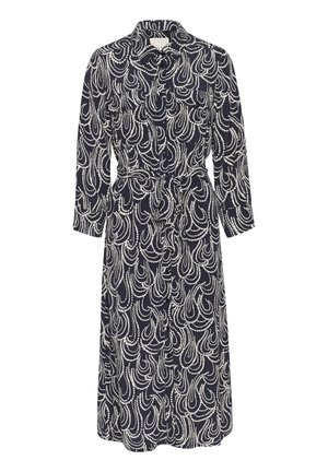 Marineblå kjole med hvidt svudl-mønster, kraveudskæring, lange ærmer og et bælte i taljen. Letvægtigt stof, knælangt design.