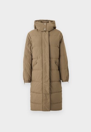 Manteau en duvet khaki avec capuche, fermeture éclair avant et fermeture à claque, doté de deux poches latérales et de poignets élastiques. Texture lisse avec un motif matelassé.