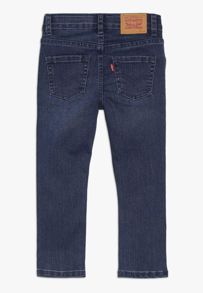 Dunkelblaue Denim-Jeans mit geradem Schnitt, ausgestattet mit einem Lederpatch am hinteren Bund und zwei Gesäßtaschen mit gestickten Akzenten.