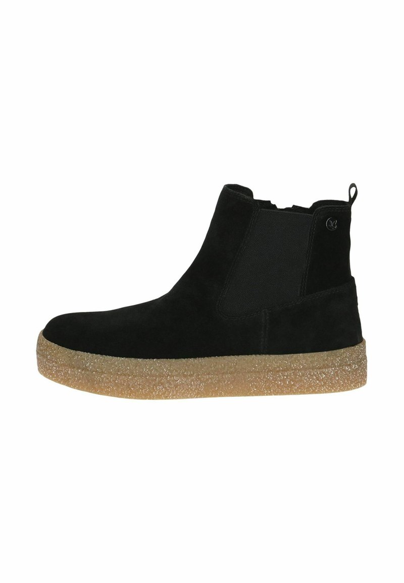 Bottines en suède noir avec des panneaux latéraux élastiques, semelle en caoutchouc et semelle intermédiaire texturée marron clair. Design simple avec une languette de traction à l'arrière.