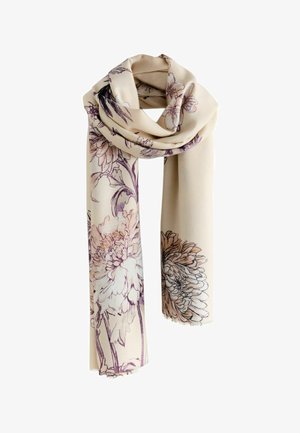 Beige floral scarf with purple and peach flower designs. Features soft fabric with a smooth texture and fringed edges.