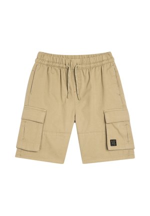 Pantalones cortos cargo beige con cintura elástica y cordón. Cuenta con dos bolsillos laterales y un parche de marca en la pierna derecha.