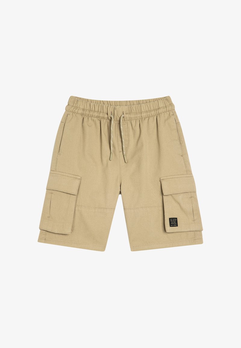 Beżowe szorty cargo z elastycznym pasem i sznurkiem. Posiadają dwie boczne kieszenie oraz naszywkę z logo na prawej nodze.