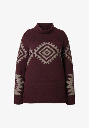 Bordeaux gebreide trui met een hoge hals, voorzien van een ruitpatroon in lichtbeige langs de schouders en mouwen. Zachte textuur.