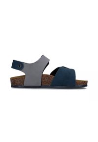 Sandali bicolore in pelle blu scuro e grigia con suola in sughero, dotati di punta aperta e strap posteriore per il supporto.