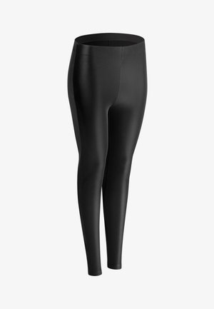 Black high-waist faux leather leggings with a smooth, fitted design and seamless waistband.