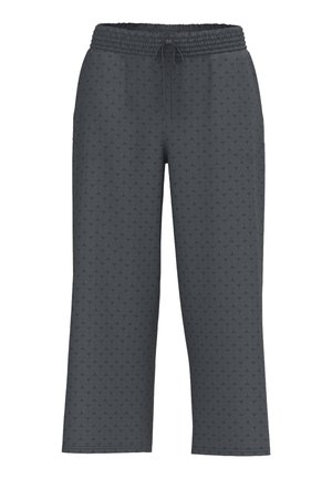 Donkergrijze broek met brede pijpen, elastische tailleband en trekkoord, met een subtiel, geometrisch all-over patroon.