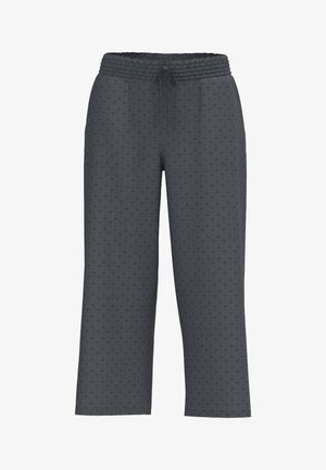 Pantaloni grigi scuro a gamba larga con vita elastica e coulisse, caratterizzati da un sottile motivo geometrico su tutta la superficie.