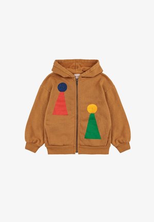Haut à zip marron avec capuche, comportant deux formes géométriques colorées : un cercle bleu sur un triangle rouge et un cercle jaune sur un triangle vert.