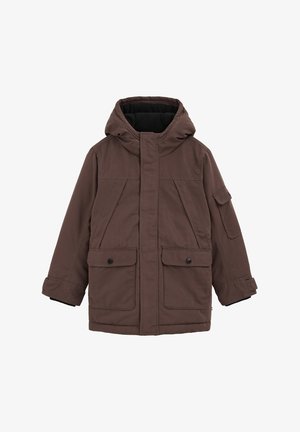 Pruun kapuutsiga talvejope esiküljel võtmega taskud, lukuga ja näppude kinnitustega, reguleeritavate mansettidega, isoleeritud külma ilma jaoks.