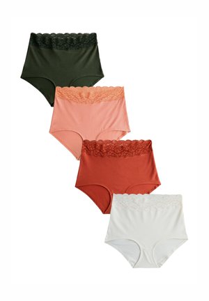 Quatre culottes taille haute pour femmes, disposées verticalement en vert foncé, pêche, orange rouille et blanc, chacune avec une ceinture en dentelle.