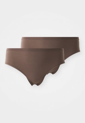 Brown cotton blend panties, featuring a smooth finish, moderate coverage, and elastic waistband. Two pairs displayed, one slightly larger.
