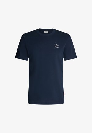 Donkerblauw katoenen T-shirt met een ronde hals en korte mouwen. Voorzien van een wit geborduurd logo op de borst. Regular fit ontwerp.