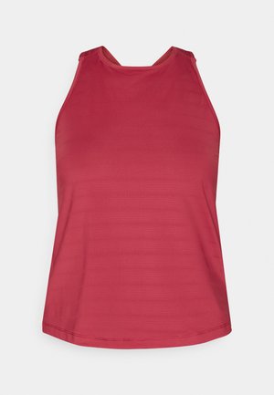 Crvena bez rukava atletska majica s visokim izrezom i mrežastim panelima na ramenima, dizajnirana za žene.