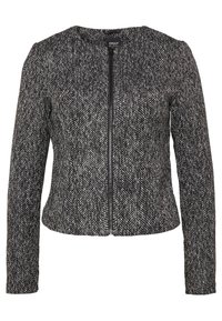 Kurtka w czarno-białym wzorze w jodełkę, z długimi rękawami, okrągłym dekoltem, zamkiem błyskawicznym z przodu, teksturowany materiał, skrócony fason.