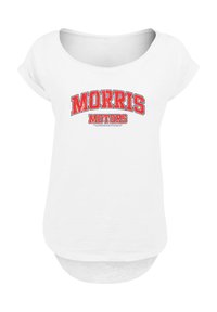 White short-sleeve T-shirt featuring red text reading "MORRIS MOTORS" in a distressed font, round neckline, and curved hem.